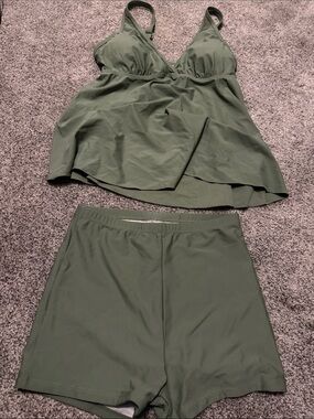 Olive Green Tankini Swim Set - Women's Two-Piece Swim Top & Shorts